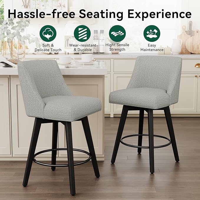 Vipbear Swivel Counter Height Bar Stools Set of 6,26.8" H Counter Stools with Back, Mid Century Modern Bar Stools for Kitchen Island,Linen Fabric,Wooden Base, Light Gray