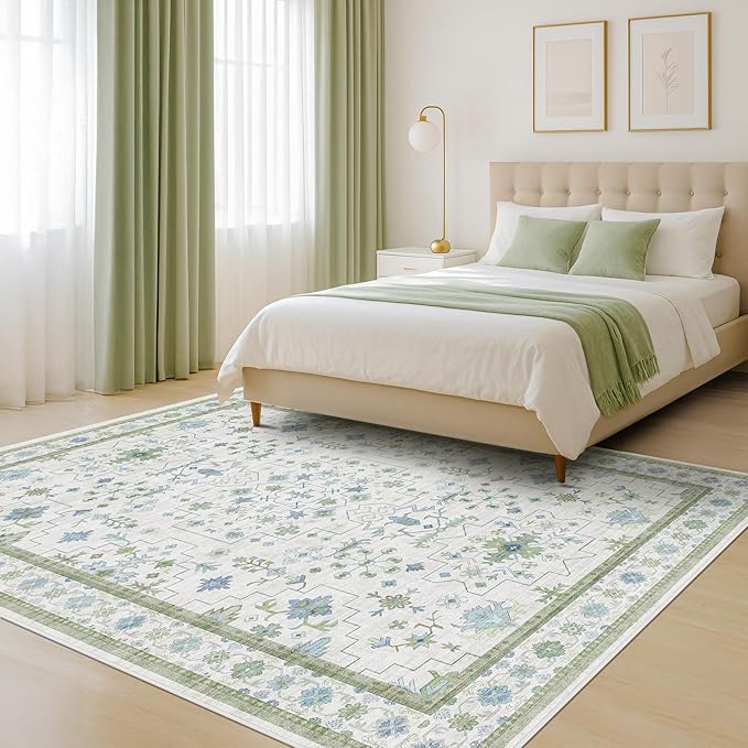 Oushak Area Rug for Bedroom 5x7 - Blue and Green Vintage Boho Floral Geometric, Washable Low Pile Non Slip Area Rugs for Nursery Room, Foyer, Cozy Aesthetic Room Decor
