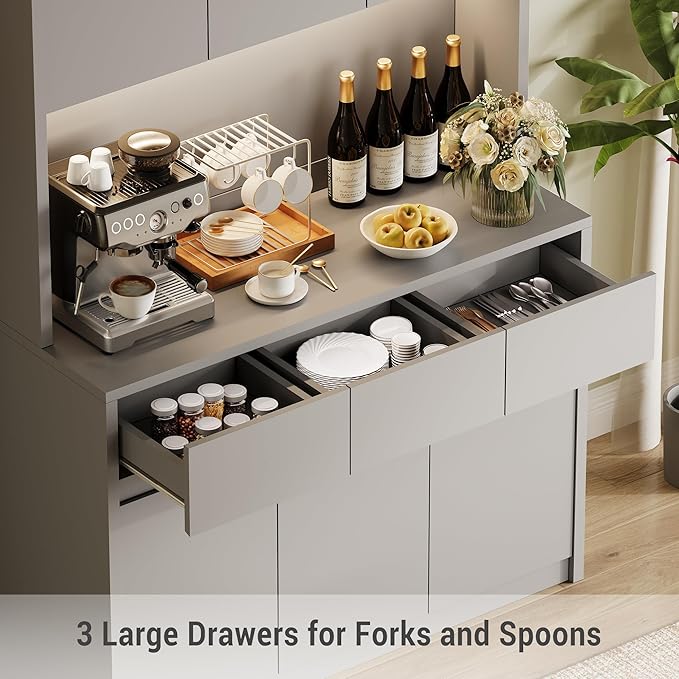 Garvee Kitchen Pantry Storage Cabinet, Tall Storage Cabinet with Doors and Shelves, Kitchen Storage Hutch with Microwave Stand, Led Lights and Charging Station,Corner Pantry Cabinet,Grey
