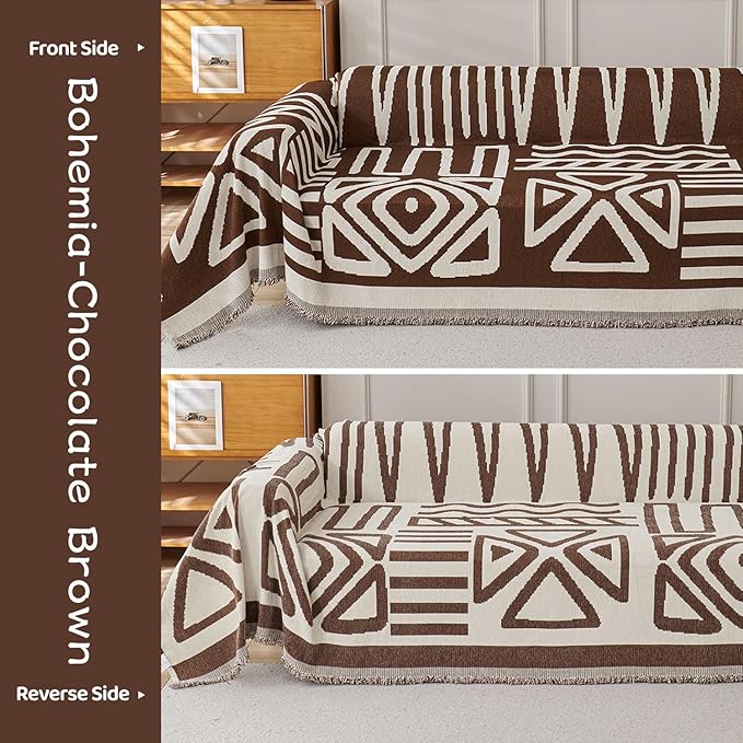 STACYPIK Boho Chocolate Beige Sofa Cover Anti-Slip Reversible Couch Cover for 2 Cushion Couch Soft Chenille Armchair Slipcovers L Shaped Cover for Sectional Furniture Protector for Kids Dogs-71X102IN