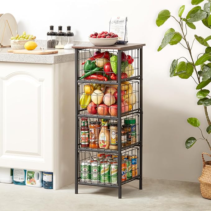 5-Tier FreeStanding Storage Shelves with 4 Pull-Out Baskets,Bathroom Organizer Shelves Unit with WoodTop,Fruit Basket for Kitchen,Storage Tower Organizer Basket Cart for Bathroom，Black