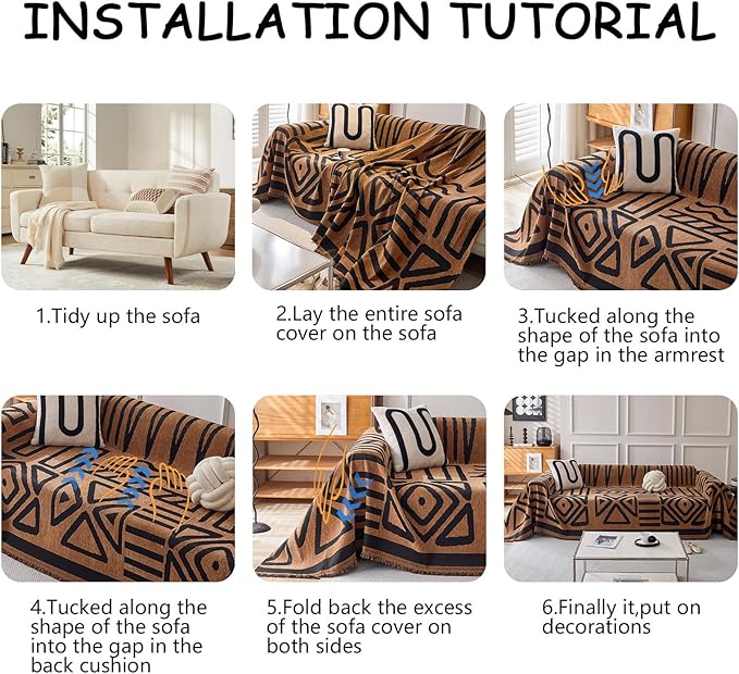 HANDONTIME Boho Geometric Couch Covers for Sofa Pet Friendly Brown and Black Sofa Covers Washable Chenille Couch Blanket Cover for 1 2 Cushion Couches Pet Protector Furniture Cover Soft, 71" X 102"