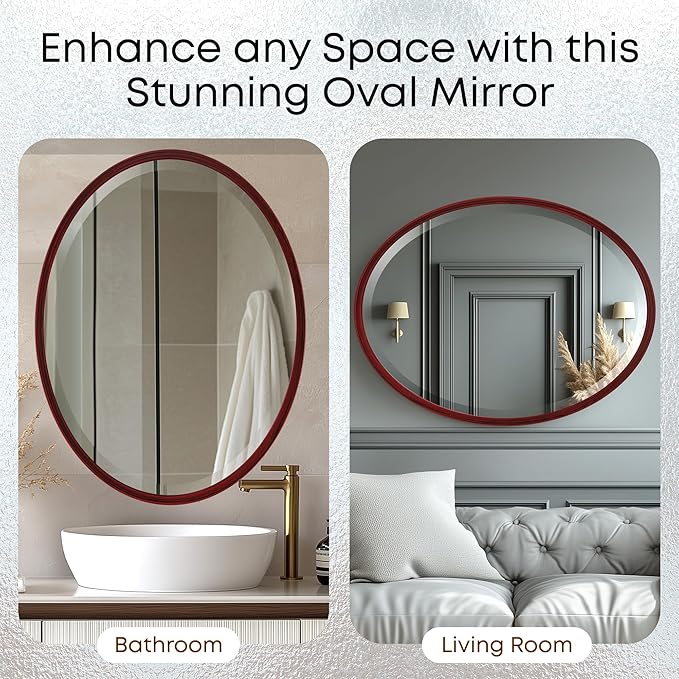 OVALCREST - Oval Wooden Beveled Wall Mirror for Home Decor, Bathroom, Vanity, Bedroom, Living Room, Hallway - London Style (Black Cherry) 21.1 x 31.1