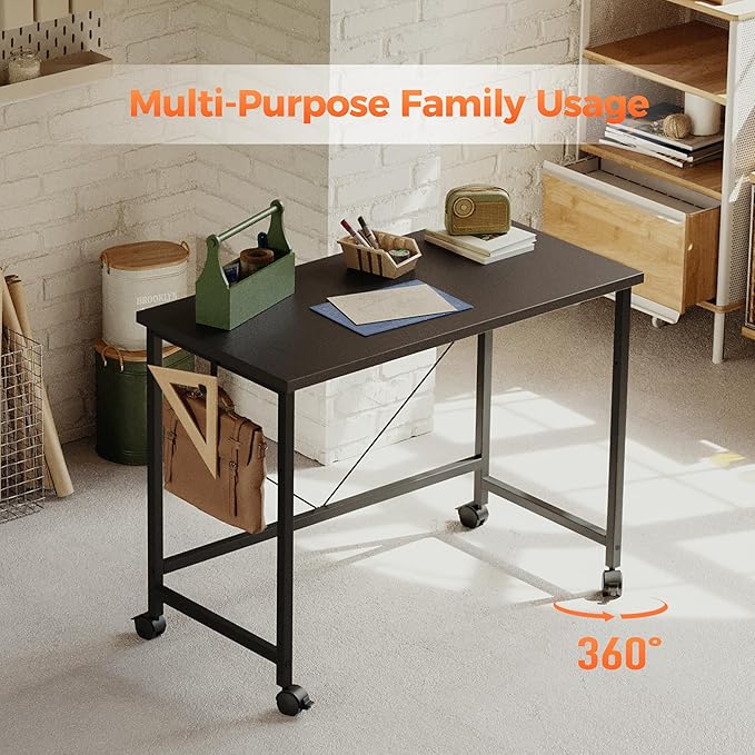 Rolling Computer Desk with Wheels, Gaming Desk for Small Spaces, Modern Simple Style Table for Home Office, Study Writing Table (Caster, Black, 40 inch)