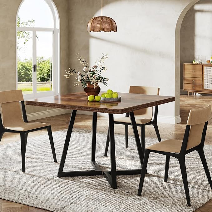 Tribesigns Square Dining Table for 6, 31.5" Industrial Dinner Table with Metal Base, Kitchen Table for Dining Room, Small Space, Apartment, Rustic Brown & Black