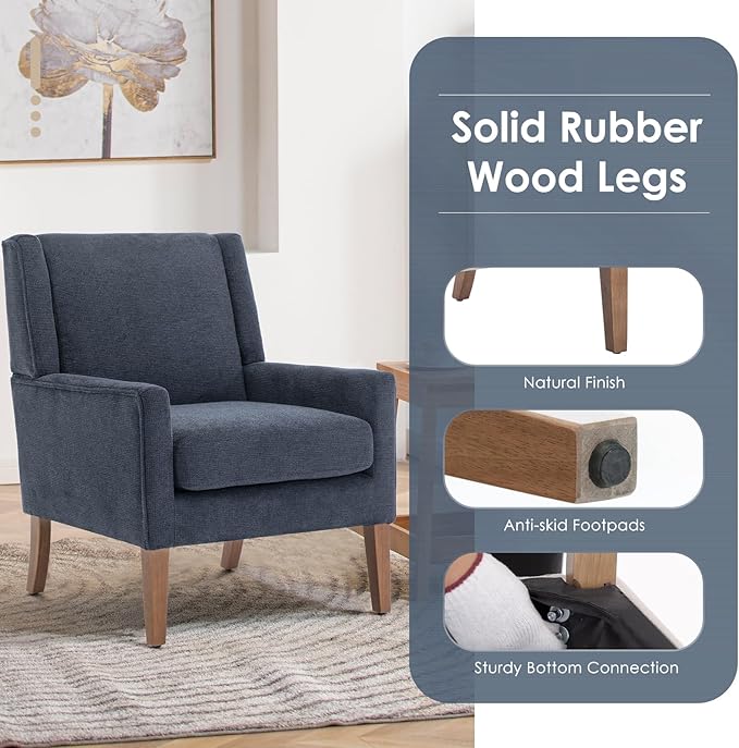 COLAMY Modern Wingback Living Room Chair Set of 2, Upholstered Fabric Accent Armchair, Single Sofa Chair with Lounge Seat and Wood Legs for Bedroom/Office/Reading Spaces, Blue
