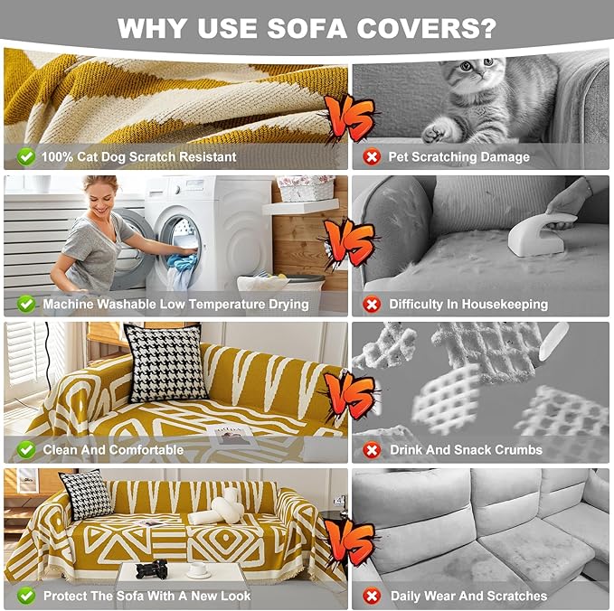 STACYPIK Boho Couch Cover, Ginger Yellow Sofa Cover for L Shaped Pet-Friendly, Reversible Sofa Protector for 3 Cushion Couch, Anti Slip Sofa Cover for Dogs, Washable Jacquard Loveseat Covers-71X134IN