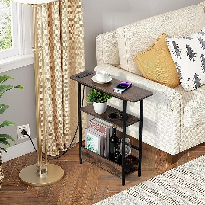 Narrow Side Table with USB-C Charging Station, 3-Tier Slim End Table with Magazine Holder, Modern Side Table for Couch or Small Spaces, Skinny Nightstand for Living Room or Bedroom