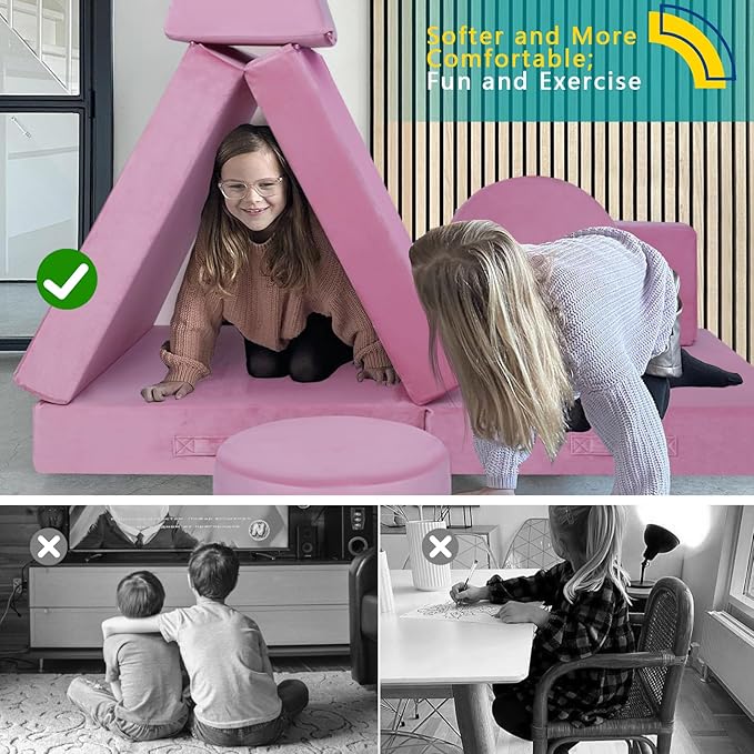 MeMoreCool 8-Piece Modular Kids Play Couch, Pink Convertible Foam Toddler Sofa Play Set for Playroom