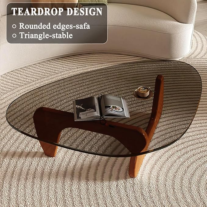 Mid Century Modern Glass Coffee Table, Small Coffee Table for Living Room, Elegant and Functional Coffee Tables Suitable for Bedroom Living Room Reception Office Tables（Walnut/Grey，Small）