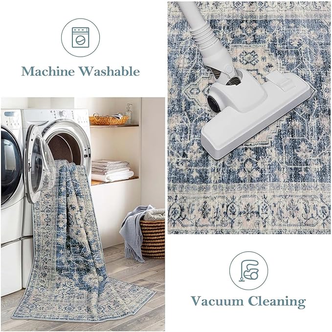 Lahome Oriental Hallway Runner Rug, 2.5x10 Washable Runner Ultra-Thin Hallway Rug for Bedroom Entryway, Soft Long Carpet for Kitchen Bathroom ‎Laundry Room, Blue