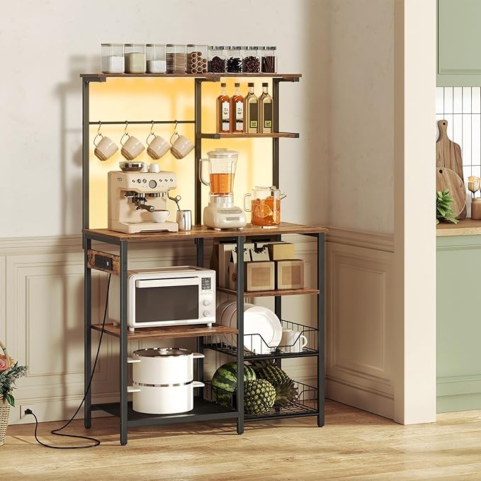 HOOBRO Bakers Rack with Power Outlet and LED Light, 6-Tier Microwave Stand with Wire Baskets, Coffee Bar Station, Kitchen Utility Storage Shelf with 4 Hooks, Rustic Brown and Black BF64UDHB01