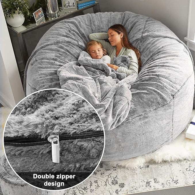 BCU Bean Bag Cover Comfy Beanbag Chair for Adults Without Filler Faux Fur Lazy Sofa Cover for Living Room Chairs, Black, 3.5FT