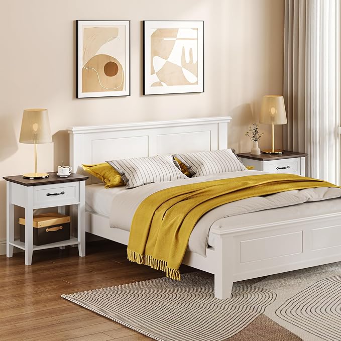 IDEALHOUSE Nightstands Set of 2, End Table with Drawer, Side Table for Spaces, 2 Tiers Storage Shelves with Dresser, Bedside Table for Living Room, Bedroom, Dorm (2pcs-White)