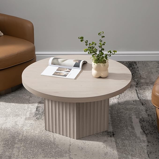 SICOTAS Round Coffee Table for Living Room, 32" Circle Modern Fluted Center Coffee Table with Storage, Mid Century Accent Tea Dining Table for Small Space, Apartment, White Alder