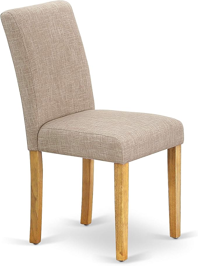 East West Furniture DMAB3-OAK-04 3 Piece Kitchen Table Set Contains a Round Dining Room Table with Dropleaf and 2 Light Tan Linen Fabric Parsons Dining Chairs, 42x42 Inch, Oak