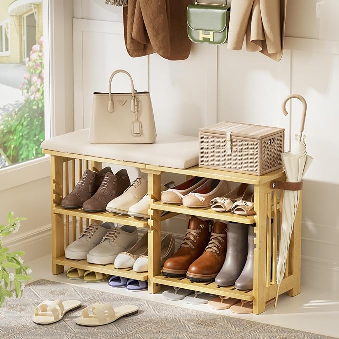 Amazer Bamboo Shoe Rack Bench, 3-Tier Shoe Bench Height Adjustable, Entry Bench with Side Storage Strap, Shoes Organizer Storage Bench, Shoe Shelf with Seat Cushion for Entryway, Living Room, Hallway