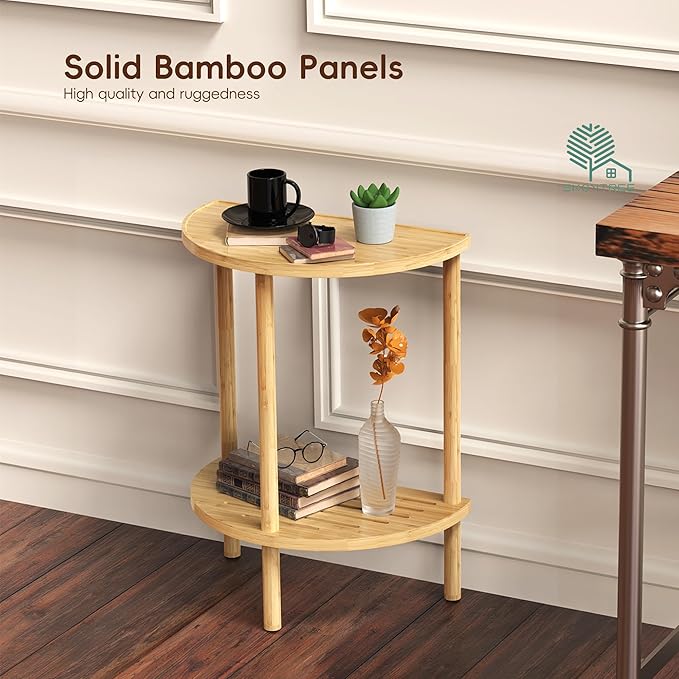 End Table, Half Moon Side Tables, Living Room Half Round 2 Tier Table for Small Space, Living Room Bedroom Couch Tables with Storage Shelf (Natural)