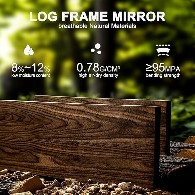 28x20 Inch Handcrafted Solid Wood Square Wall Mirror with Geometric Wood Inlay Design, Rustic Natural Texture for Bathroom, Bedroom, Living Room Decor