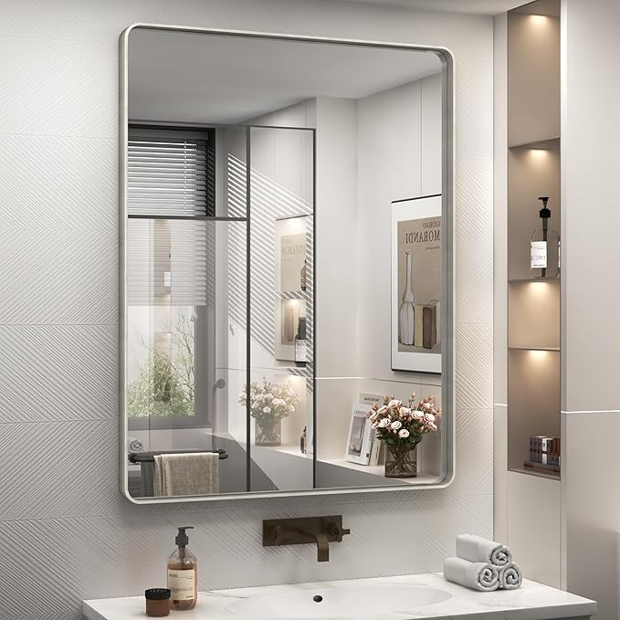28x36 Silver Bathroom Mirror for Wall, Brushed Metal Framed Bathroom Vanity Mirror, Rounded Corner Rectangle Silver Mirror, Shatterproof, Anti-Rust (Horizontal/Vertical)