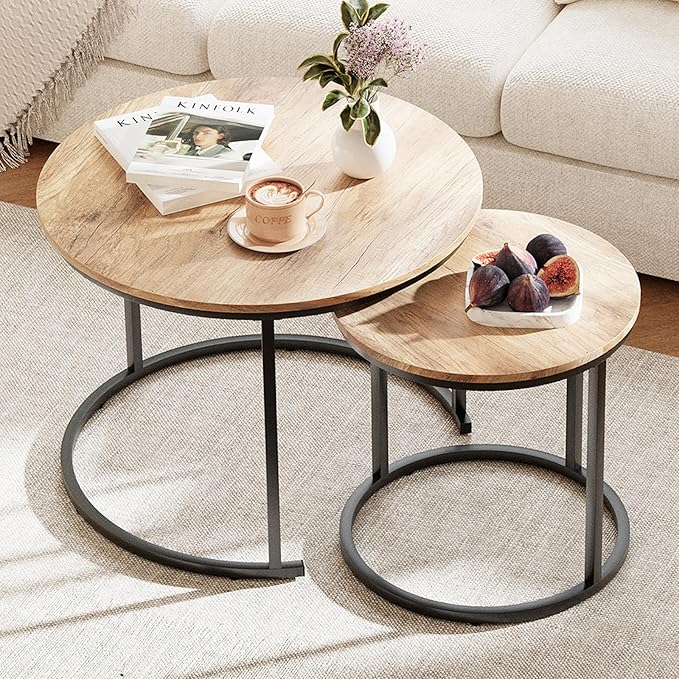 Garden 4 you Nesting Coffee Table, 23.6" Round Coffee Table Set of 2, Wooden Nesting Table Set for with Metal Frame, Side Tables for Living Room Bedroom Balcony, Brown