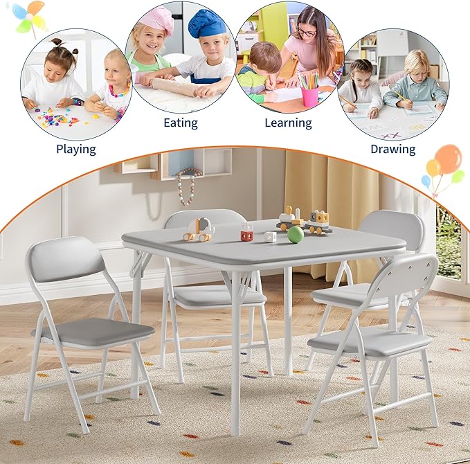 IDEALHOUSE 3 Piece Folding Kids Table and Chairs Set, Children Activity Table and Chairs Set for Dining Room,Daycare,Classrooms