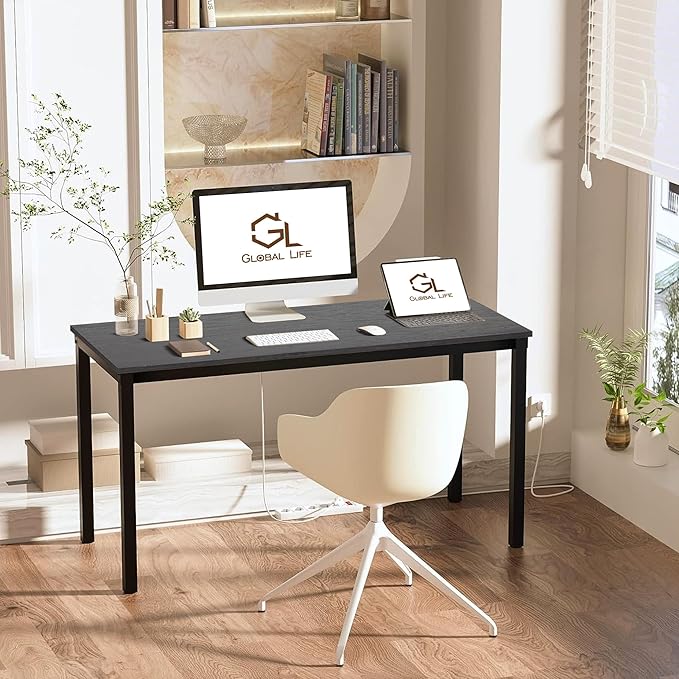 47 inch Large Computer Desk Wood, Modern Simple Style Desk for Home Office, Bedroom, Study Student Writing Desk, Small Spaces, Black Metal Frame, Dark Walnut Top