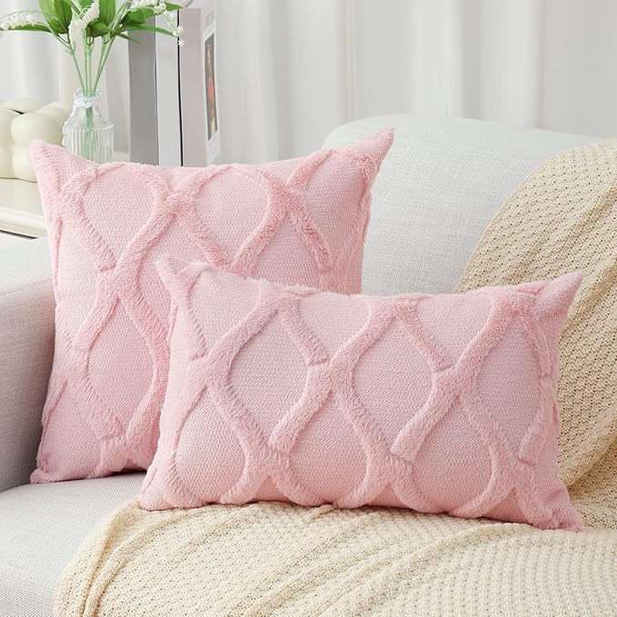 decorUhome Throw Pillow Covers 12x20 Inch Set of 2, Soft Plush Faux Fur Wool Lumbar Light Pink Couch Pillow Covers, Decorative Neutral Pillow Cases for Bed Sofa Living Room Home Decor