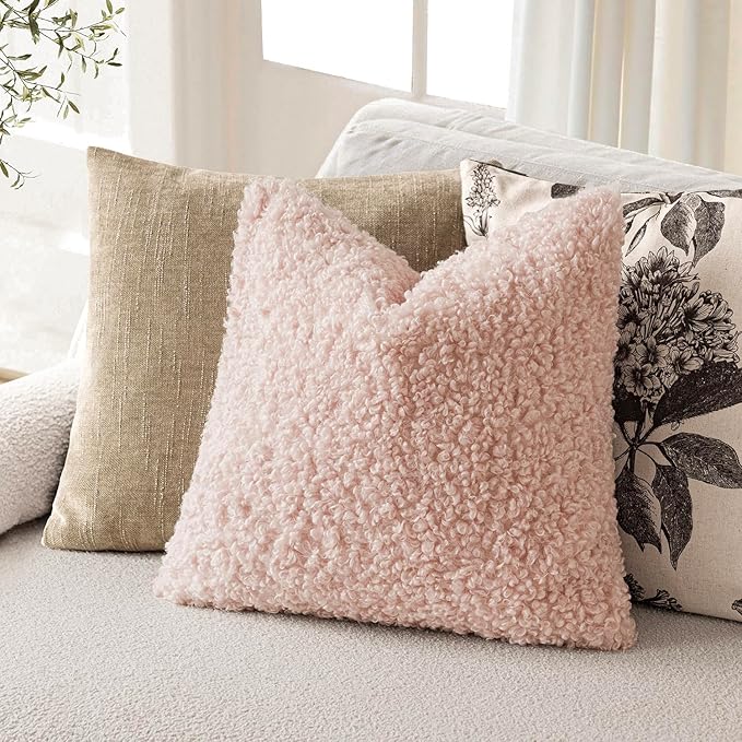 Foindtower 2 Pieces 26x26 Inch Light Pink, Faux Fur Throw Pillow Cover Accent Sherpa Furry Pillow Covers Fuzzy Soft Pillowcases Cozy Sheepskin Decorative Fleece Cushion Case for Bed Couch Living Room