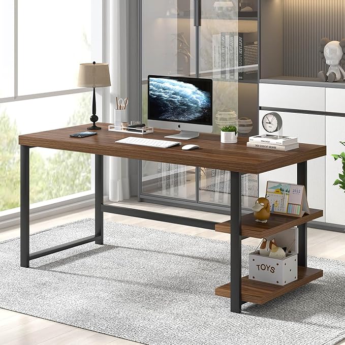 FOLUBAN Modern Computer Desk for Home Office, Large Writing Table with Storage Shelves, Wood and Metal Study Gaming Desk Workstation for Living Room, Rustic Walnut, 60 Inch