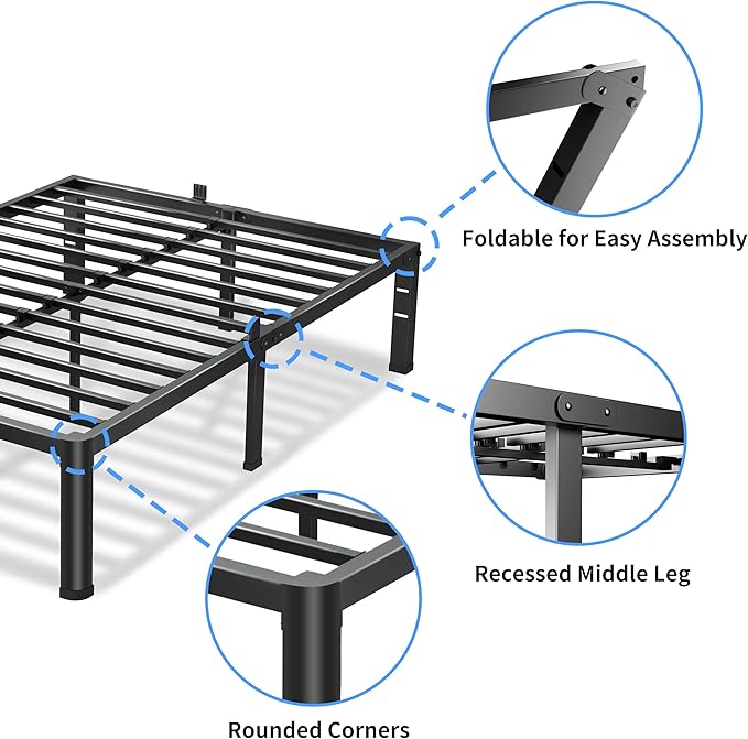 14 Inch Twin XL Bed Frame, 3500Lbs Heavy Duty Metal Platform with Round Corner Legs Mattress Slide Stopper, Steel Slat Support No Box Spring Needed, Noise Free, Non-Slip, Easy Assembly