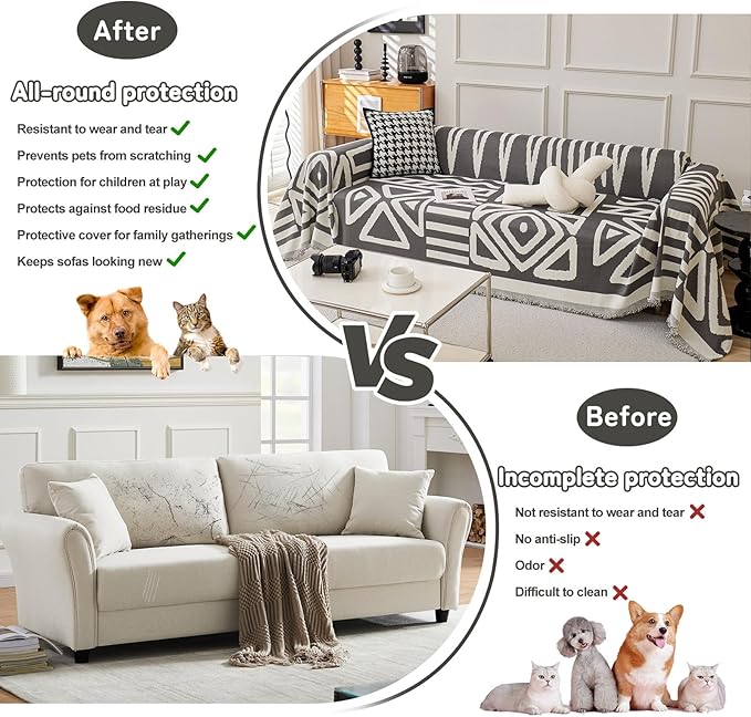 HANDONTIME Reversible Sofa Cover Boho Geometric Couch Cover for Dogs Dark Grey Couches Covers Washable Chenille Couch Covers for 3 Cushion Couch Pet Friendly Furniture Protector for Pets, 71" X150"