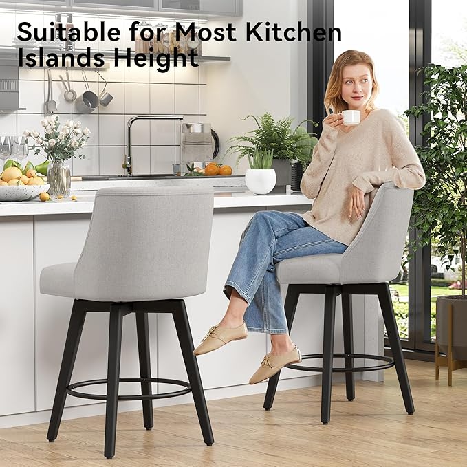 Vipbear Swivel Counter Height Bar Stools Set of 4,26.8" H Counter Stools with Back, Mid Century Modern Bar Stools for Kitchen Island,Linen Fabric,Wooden Base, Light Gray