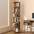 6 Tier Solid Wood Rotating Bookcase with Wheels, Round Revolving Bookshelf Organizer, 360° Spinning Storage Shelf for Corner, Small Narrow Spaces, Home, Office, Kids Room