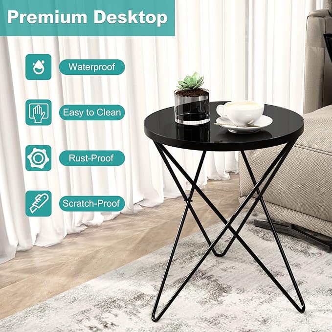 HLR Modern Round Side Table Set of 2, End Table with Marble Effect Top and Gold Metal Frame, Small Side Table for Living Room, Bedroom, Sofa and Couch, Black Legs, Black Glass top