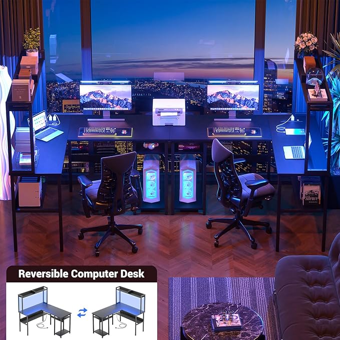 Unikito L Shaped Gaming Desk with LED Strip and Power Outlets, Reversible L-Shaped Computer Desk with Storage Shelves, Corner Desk with Hutch, 2 Person Home Office Desk, Black