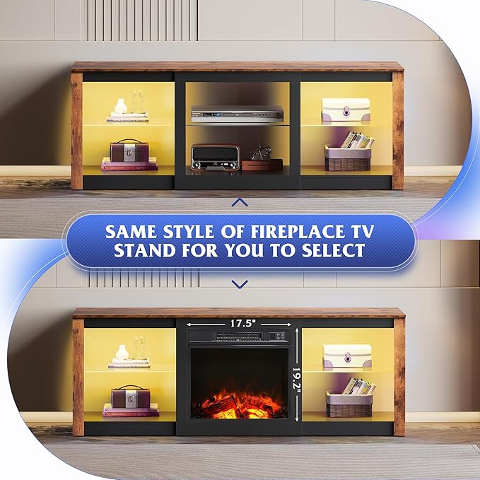 WLIVE 58 Inches Fireplace TV Stand with LED Lights, Modern Entertainment Center with 18'' Electric Fireplace & Adjustable Glass Shelves, Sturdy Media Console for Living Room, Bedroom,Gaming (Brown)