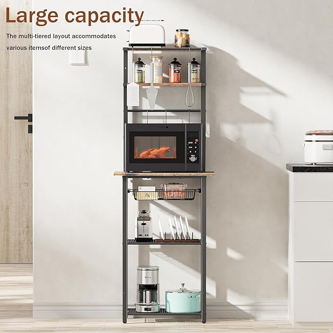 Kitchen Bakers Rack, 6-Tier Microwave Stand with Storage, Multifunctional Coffee Bar with Mesh Basket, Tall Utility Kitchen Storage Shelf, 5 Hooks, Easy Assembly, Rustic Brown