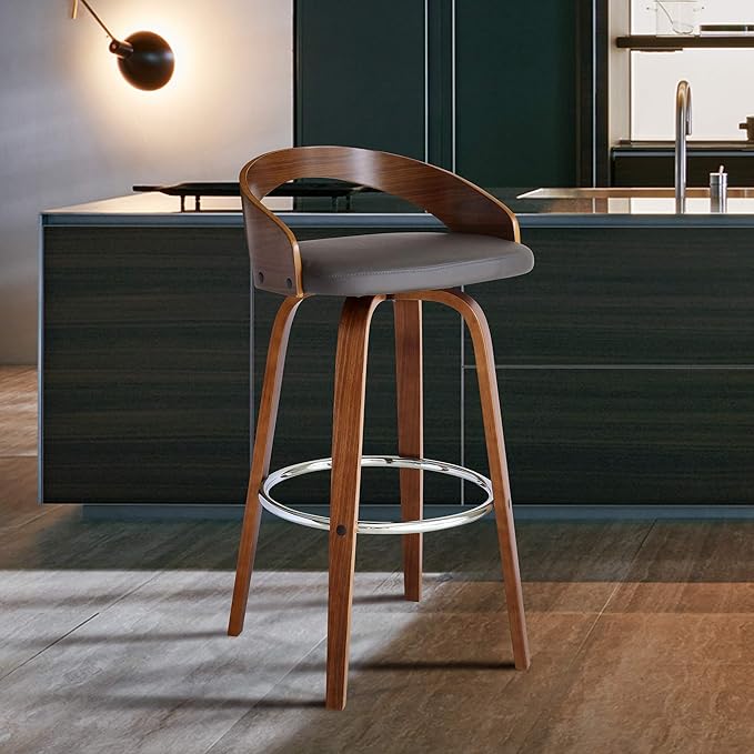 Armen Living Sonia 26" Counter Height Swivel Gray Faux Leather and Walnut Wood Bar Stool - Set of 4