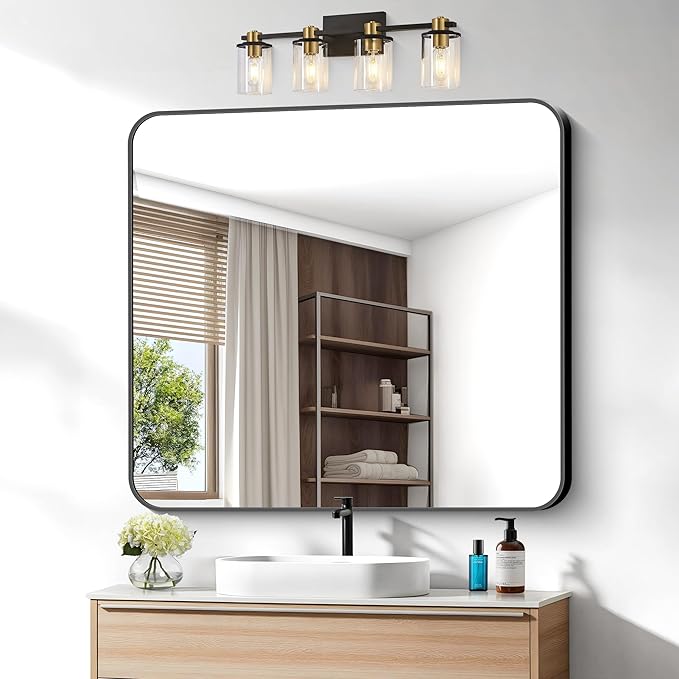 BONEWEI 36x40 inch Bathroom Mirror,Black Rectangle Mirror,Wall Mounted Bathroom Frame Vanity Mirror with Round Corner for Bedroom Living Room,Entryway Hangs Horizontal or Vertical