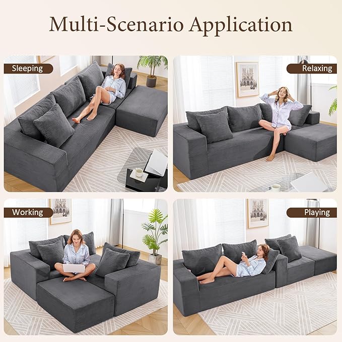 INGEROOM 108" Cloud Sectional Couch with L-Shape Chaise, Modular Sofa Memory Foam, Boneless Sofa with Movable Ottoman, Upholstered Couches for Living Room Bedroom, No Assembly Required, Dark Gray