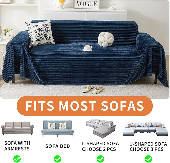 HAOMAIJIA Faux Fur Sofa Covers Couch Covers for 3 Cushion Couch Sofa Pet Friendly Soft Non Slip Couch Cover for Dogs Washable Sectional Couch Covers L Shape Furniture Protector (Navy Blue, 91"x134")
