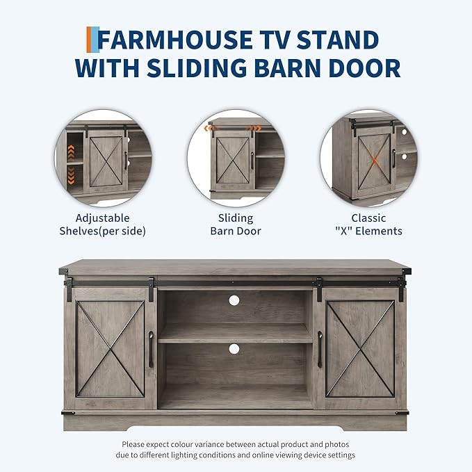 GarveeHome Farmhouse TV Stand for TV up to 65 Inches and Entertainment Center with Sliding Barn Doors and Adjustable Shelf, Tv Media Console Table with Storage Cabinet for Living Room, Bedroom, Grey