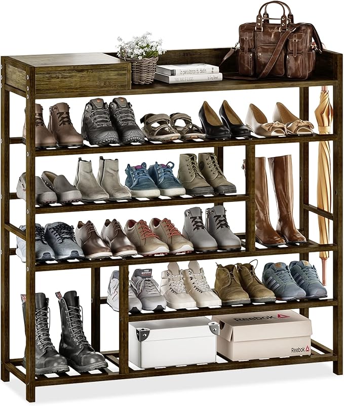 Bamworld Shoe Rack for Front Door Entrance Bamboo Shoe Organizer with Storage Box Free Standing Shoe Cabinet Wooden Shoe Storage Shelf for entryway, Closet and Doorway (Dark Brown)