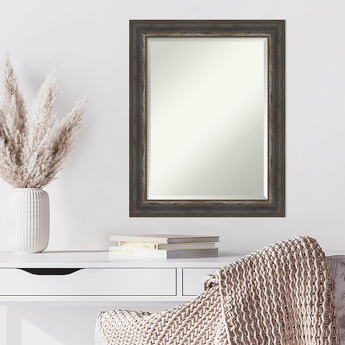 Amanti Art Brown Wall Mirror 29x23 Alta Rustic Char Rectangle Bathroom Mirror for Wall Decor Living Room, Medium Rustic Farmhouse Frame, Hangs Horizonally and Vertically, Bathroom Decor, Beveled Edge