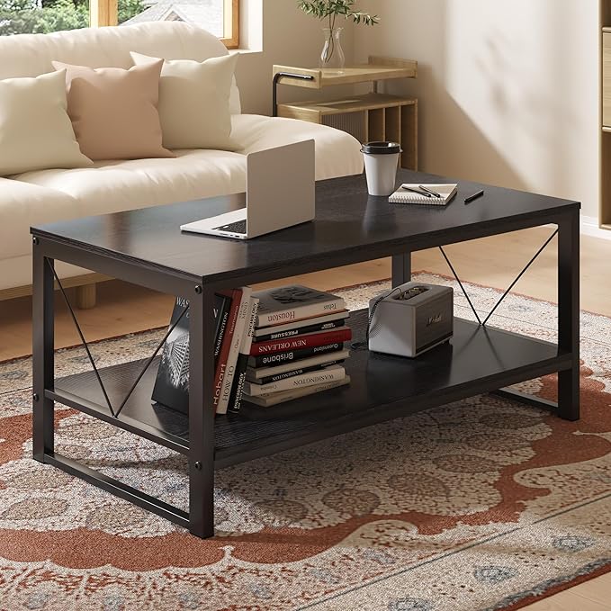 Rectangle Coffee Table Tea Table with Storage Shelf, Farmhouse Wooden Coffe Table for Living Room Table, 40" Rustic Center Table 2-Tier Minimalist Coffee Table Easy Assembly (Black)
