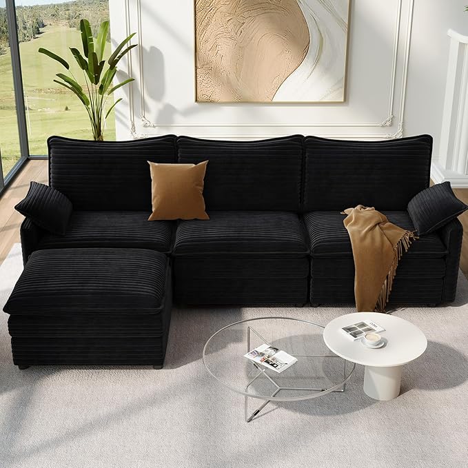 Vesgantti 108" Modular Sectional Sofa, Comfy Cloud Couch with Movable Ottoman Deep Seat Corduroy L Shaped Modular Sofa, Sectional Couches for Living Room, Bedroom and Apartment, Black