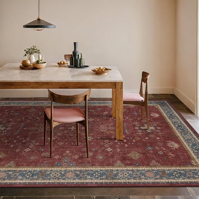 6x8 Dining Room Rugs for Under Table - Vintage Burgundy Boho Living Room Rug, Machine Washable Foldable Carpet,Southwestern Bed Room Décor Aesthetic