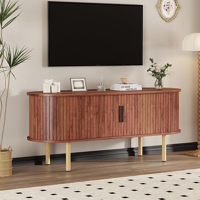 47.2" TV Stand, Modern TV Console Table with Storage Compartment and Sliding Door, Gaming Entertainment Center with Cabinet for Living Room, Bedroom, Office, Walnut