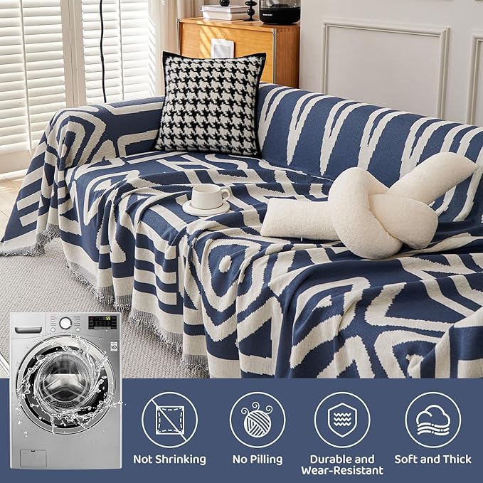 STACYPIK Modern Boho Couch Covers, Non Slip Blue Geometric Sofa Cover for Loveseat, Washable Furniture Protector for 3 Cushion Couch, Anti Slip Reversible Jacquard Couch Throw Covers for Sofa-71X150IN